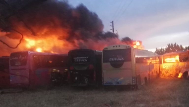 Voraz incendio consumió buses aparcados en un predio en la ciudad de Chillan