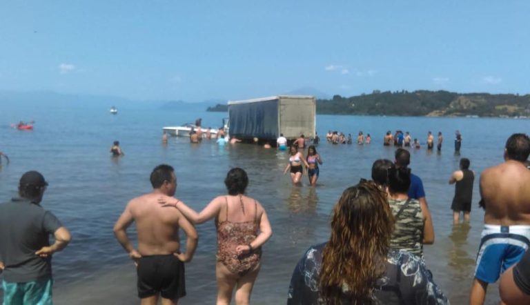 Asustó a veraneantes: Camión con problemas en los frenos terminó al interior del lago Llanquihue