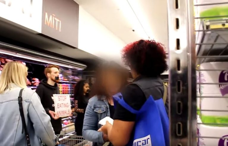 “¡Saca tu cámara de mí!”: Graban a clientes de supermercado enfrentando a veganos que protestaban en el local