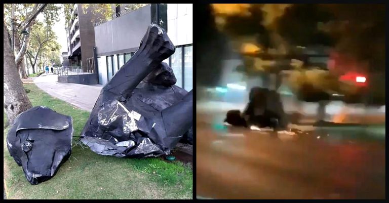 Estatua del “Negro Matapacos” fue despojada de su lugar, arrastrada en un auto por Providencia y terminó destruida