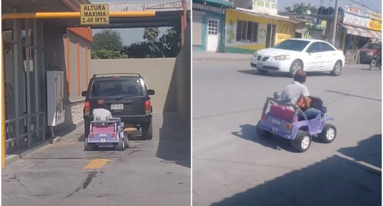 No le vendieron pizza por llegar a pie y volvió en un auto de juguete