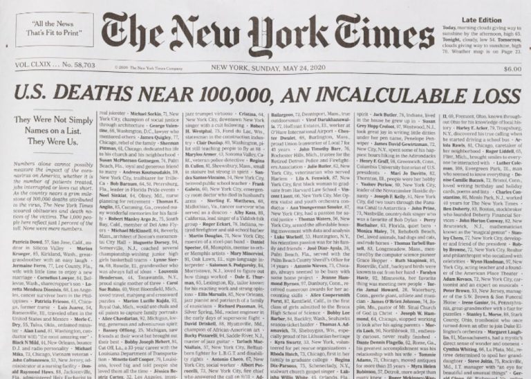 Mil obituarios: La emotiva portada de The New York Times con los nombres de fallecidos por COVID-19