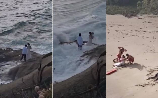Novios se quisieron sacar una romántica foto frente al mar: Se los llevó una ola
