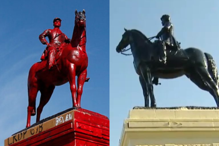 Limpian estatua de general Baquedano vandalizada durante manifestaciones del viernes