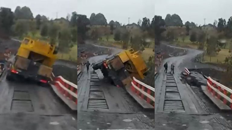 La impresionante caída de un camión al río tras colapso de puente de madera