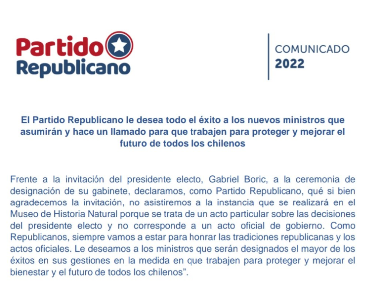 Partido Republicano rechaza invitación a nombramiento de gabinete de Boric