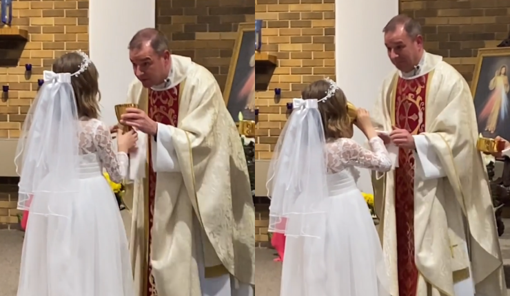 Niña se tomó prácticamente toda la copa de vino en su primera comunión