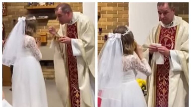 ¡De un solo trago! Niña bebió todo el vino en su primera comunión