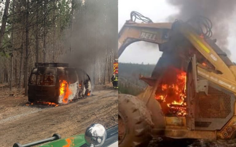 Encapuchados queman tres maquinarias y un minibús de faena forestal en Lumaco