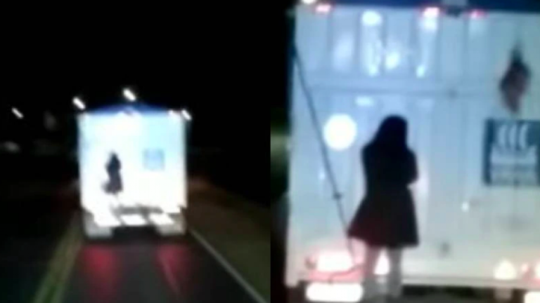 ¡Terror en la ruta! Viralizan video de un presunto fantasma colgando de un camión