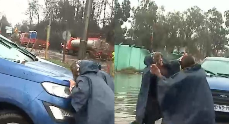 Crossover televisivo: Periodistas de Chilevisión y Canal 13 ayudaron a sacar auto atrapado en calle anegada
