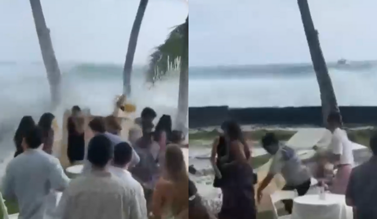 El invitado de piedra: El momento en que una gigantesca ola irrumpe en pleno matrimonio en Hawaii