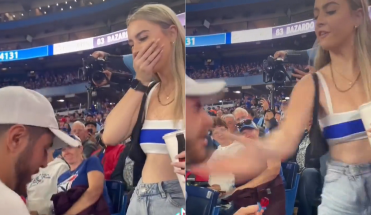 No le gustó: Mujer cacheteó en pleno estadio a novio tras recibir propuesta de matrimonio con anillo de dulce