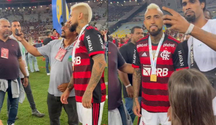 El más solicitado: Hinchas hacen fila para tomarse una selfie con Arturo Vidal tras nuevo título del Flamengo