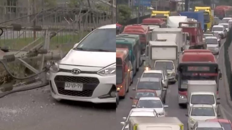 Descomunal taco por camión que botó postes en Américo Vespucio: Uno de ellos cayó sobre vehículo