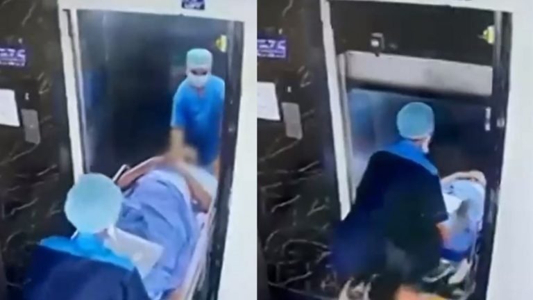 Cámara grabó a paciente cayendo en camilla de ascensor en mal estado: Sobrevivió de milagro