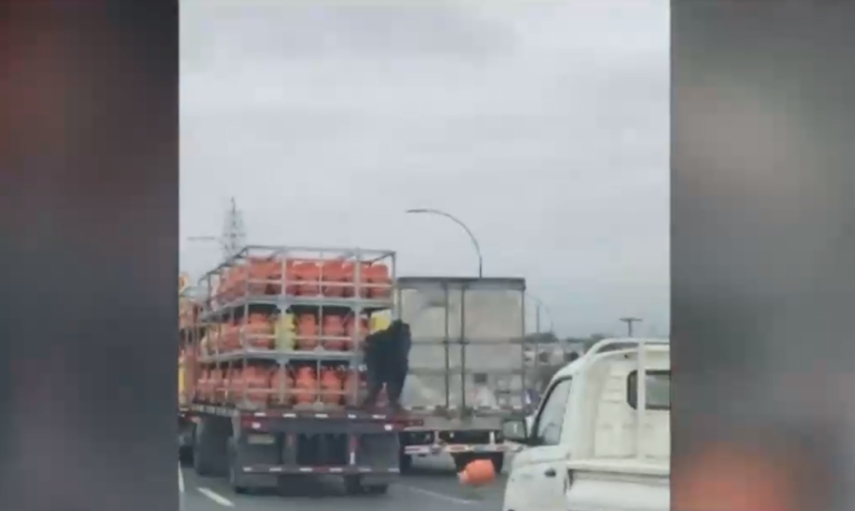 En plena autopista: Captan a ladrones robando cilindros de gas y huyendo por la carretera