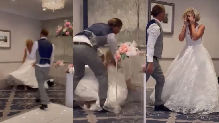 ¿Tremenda red flag? Novio lanzó torta a su esposa contra su voluntad, la empujó y ella se golpeó en la cabeza