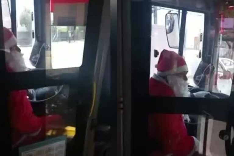 Chofer del Transantiago se disfrazó de Viejito Pascuero y sorprendió a pasajeros: Regaló dulces a los niños