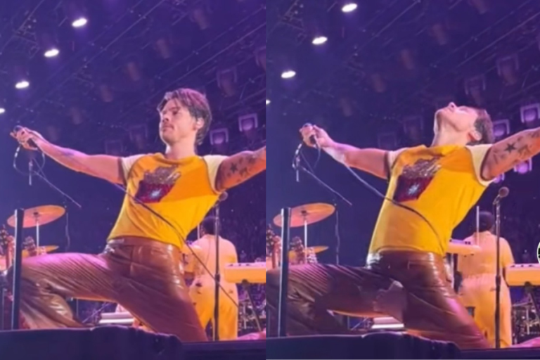 Momento incómodo: A Harry Styles se le rompió el pantalón en pleno concierto al que asistió Jennifer Aniston