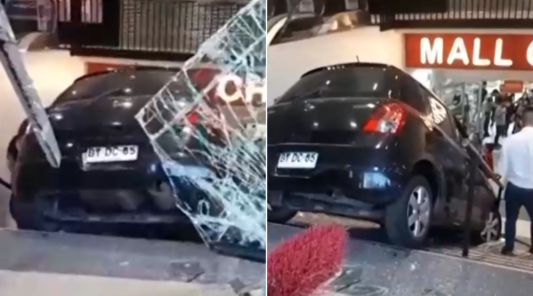 Todo destrozado: Conductor quedó incrustado en el frontis de mall chino tras perder el control