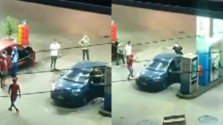 Se defendió lanzando bencina en servicentro: Graban peligrosa pelea que dejó atónitos a trabajadores