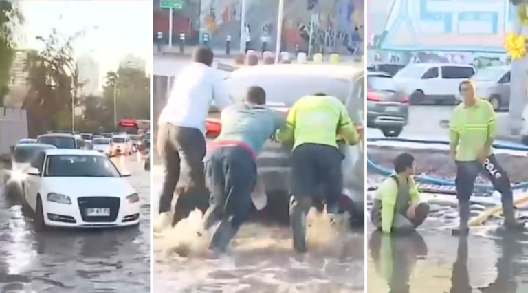 Hasta tuvieron que empujar autos: Inundación genera caos vial cerca del Parque O'Higgins