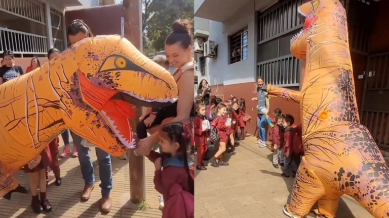 ¡La abuela más bacán! Se vistió de dinosaurio para ir a buscar a su nieto al colegio y se volvió viral