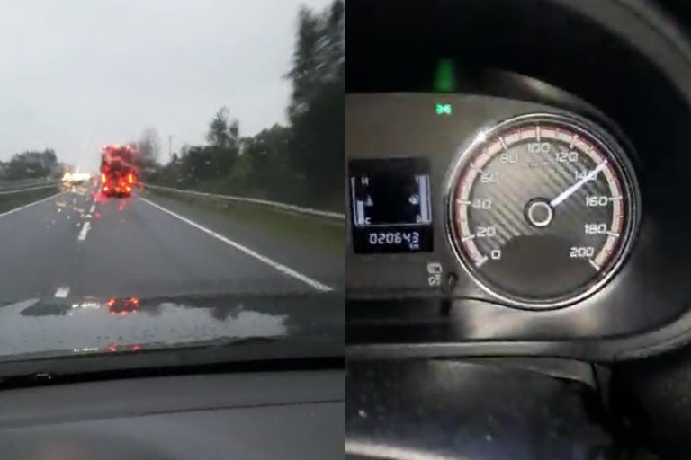 Con lluvia, adelantando y a exceso de velocidad: Captan a imprudente chofer de bus transitando a más de 140 km/h