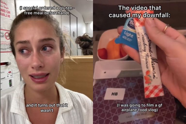Pesadilla: Tiktoker celiaca se viralizó al publicar que tuvo que pasar todo el vuelo en el baño por comida equivocada