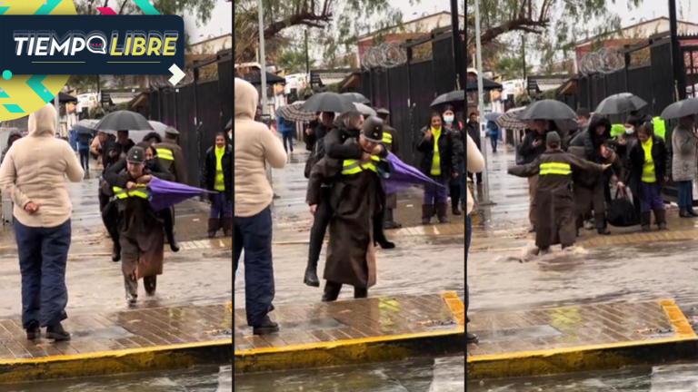 VIDEO | El aplaudido gesto de carabinera que ayudó a gente a cruzar calle inundada