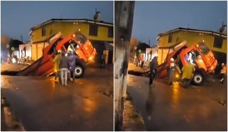 ¡Impactantes imágenes! Camión cayó a socavón provocado por lluvias en plena calle en El Bosque