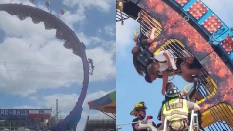 El susto de sus vidas: Quedaron atrapados de cabeza en montaña rusa y fueron rescatados después de 3 horas