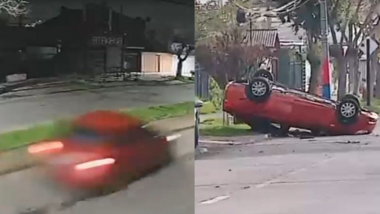 Iba a toda velocidad: Auto chocó con árbol, giró en 360° y terminó volcado en medio de la calle en Puente Alto