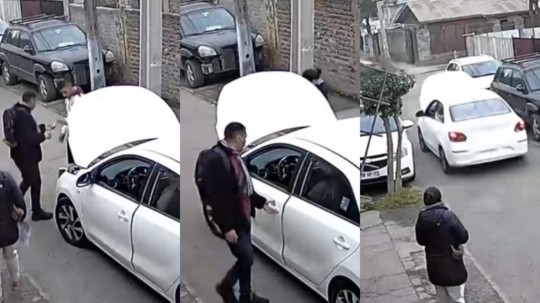 Los distrajo pidiendo vaso con agua: Cámaras captaron a sujeto que huyó con auto durante falsa compra