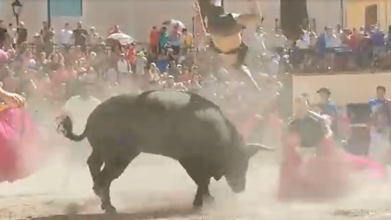 Quedó hospitalizado: Impactante registro muestra ataque de toro contra un hombre en España