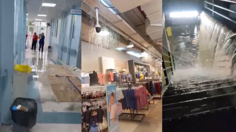 Impactante registro: Intensa lluvia hace colapsar techo en mall de Chillán