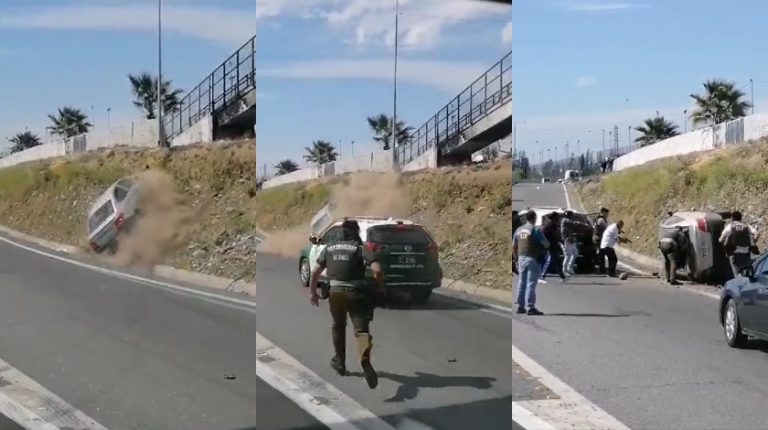 Persecución terminó con vehículo volcado en autopista Acceso Sur y dos sujetos detenidos por robo de camión