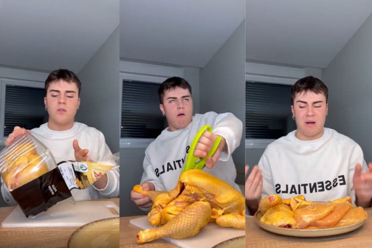 Tiktoker la rompió en redes al cortar un pollo por primera vez: 
