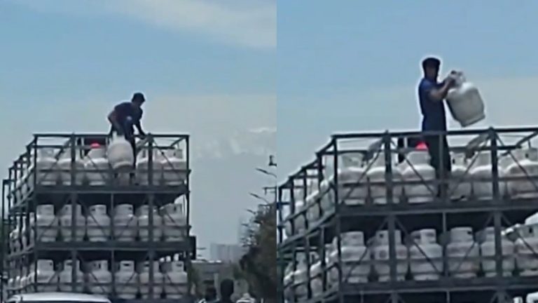 Arriesgado delincuente lanzó desde camión en movimiento balones de gas para robarlos