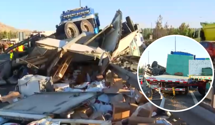 Choque múltiple en Autopista Central mantiene cortada Ruta 5 hacia el sur: Camión quedó volcado