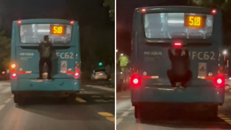 Insólito: Hombre es captado colgándose de bus Red en Providencia