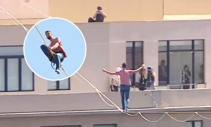 Teatro a Mil: Equilibrista francés se lució en plena Alameda a 50 metros de altura
