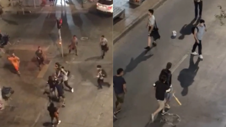 Con palos y piedras: Vecinos captaron batalla campal en pleno Barrio Bellas Artes