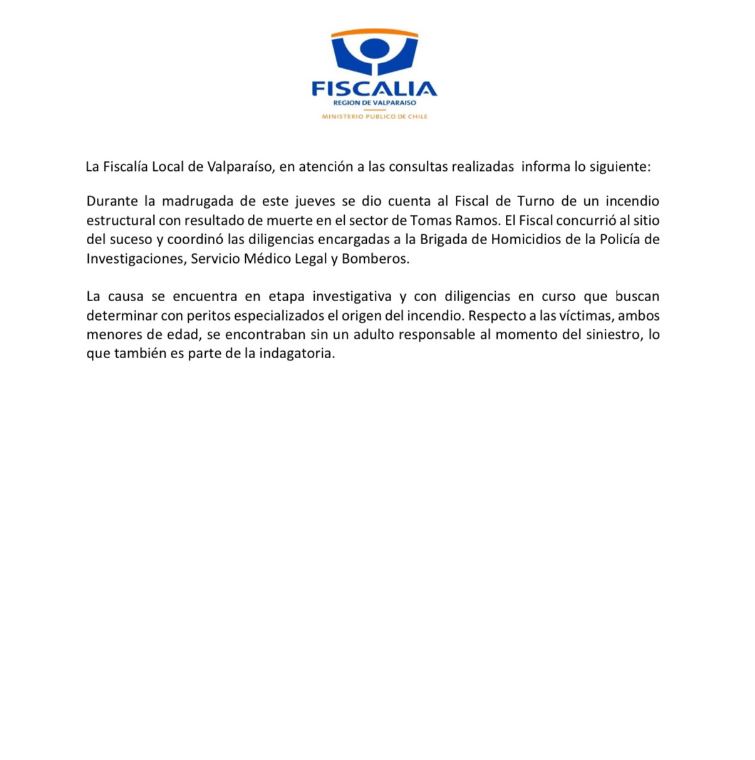 Fiscalía de Valparaíso confirmó que niños fallecidos en incendio estaban “sin adulto responsable”
