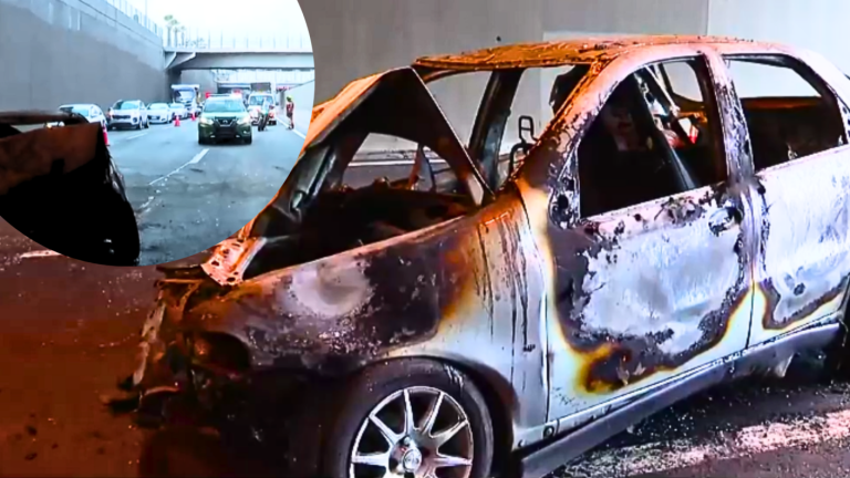 Vehículo se incendió tras chocar a bus Red en plena autopista Vespucio Sur en La Florida