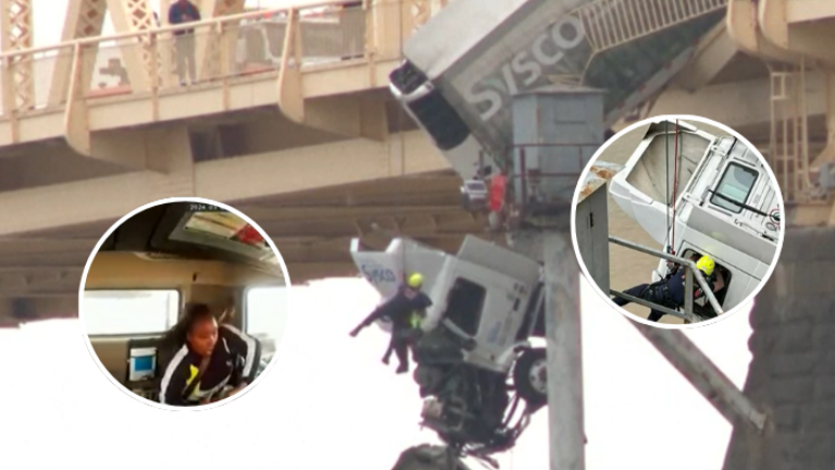 Quedó una hora colgando: Conductora evitó choque pero se estrelló contra puente en EE.UU.