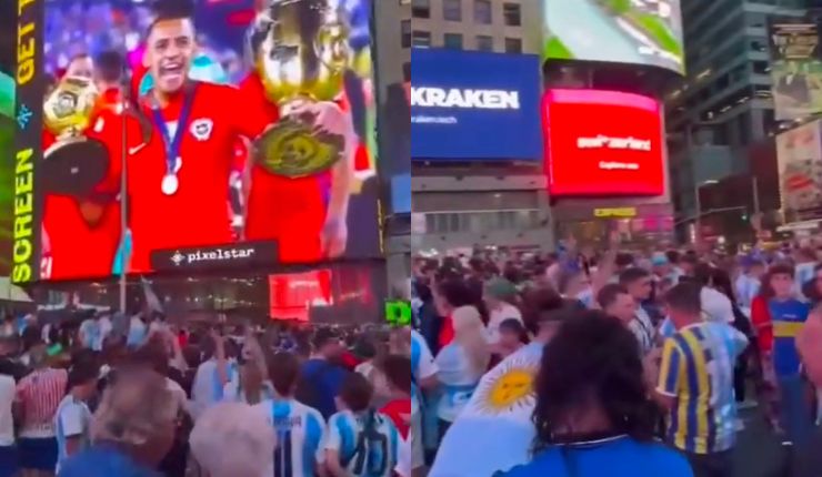 En su cara: Chilenos estropean banderazo argentino en Times Square con foto de Alexis Sánchez