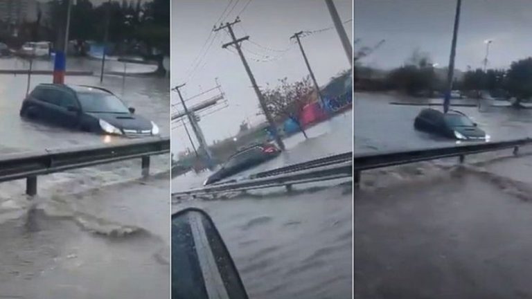 Auto quedó atrapado en Ruta 5 Sur por intensas lluvias: “Los que conocen aquí...”