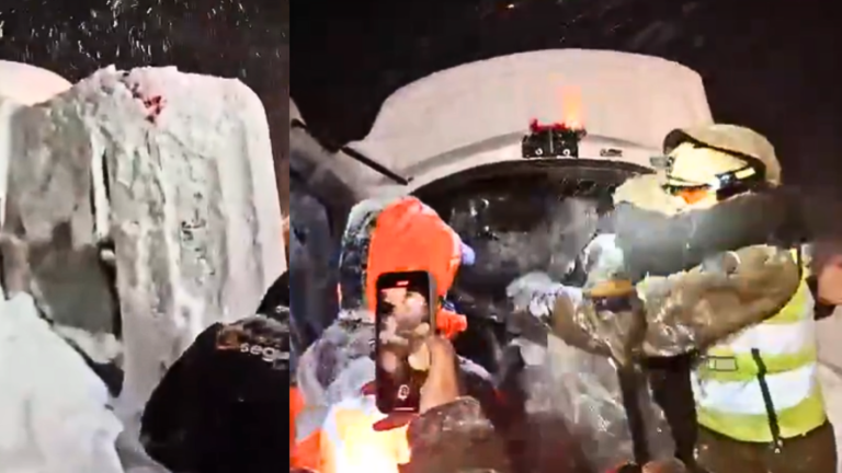 ¡Emocionante! Logran rescatar a hombre que volcó y quedó atrapado bajo la nieve